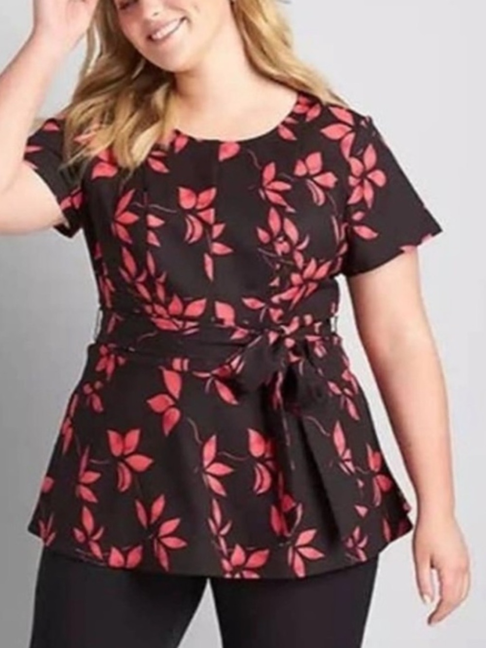 Lane Bryant Women Plus Sz 22 Black Floral Flutter Sleeve Tie Waist Lena Blouse